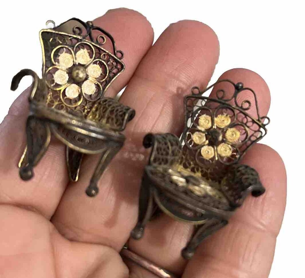 Sterling Silver collection of TWO Floral Chairs miniature dollhouse furnitures