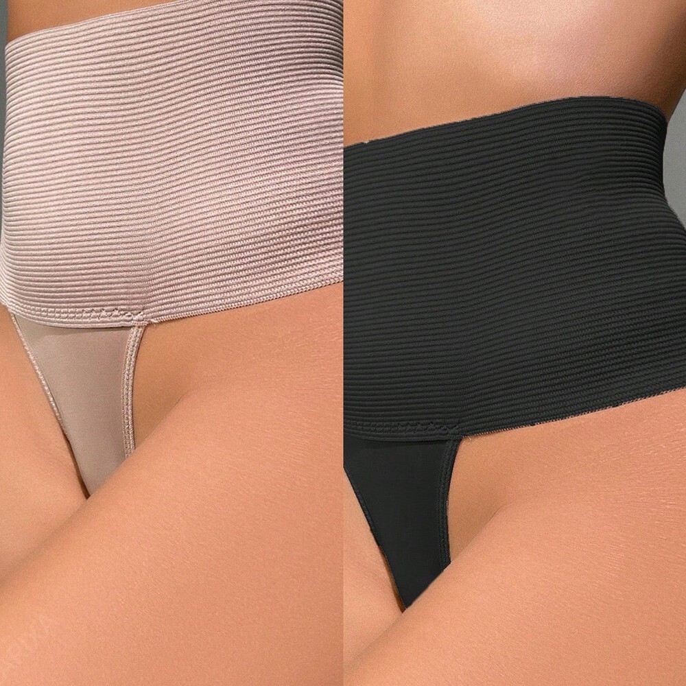 High Waist Elastic Control Shaper Thong for Women Black/Pale Pinkish Gray