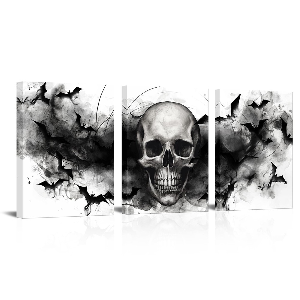 Visual Art Decor Black and White Skull Wall Art Gothic Wall Decor Spooky Gift...-image