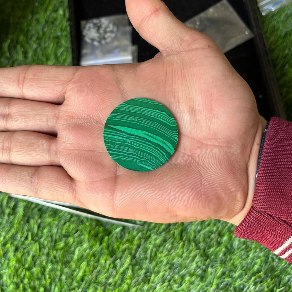 Watch Dial, Malachite Round Flat Shape Calibrated Cabochon with Center Drilled