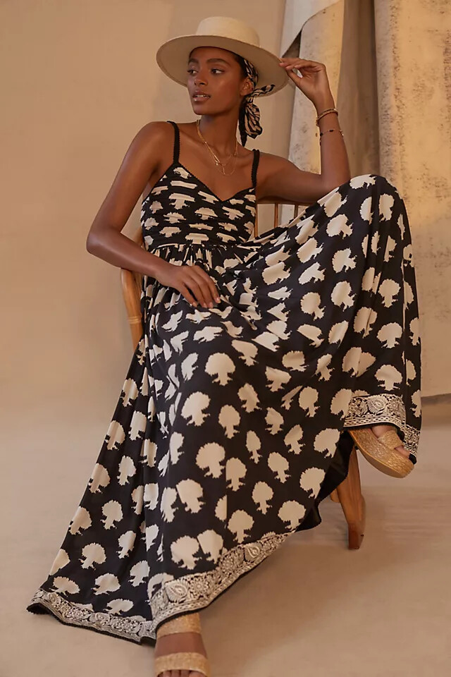 ANTHROPOLOGIE PAYAL JAIN EMBROIDERED FIT-N-FLARE FLOUNCY MAXI DRESS SIZE XS $230-image