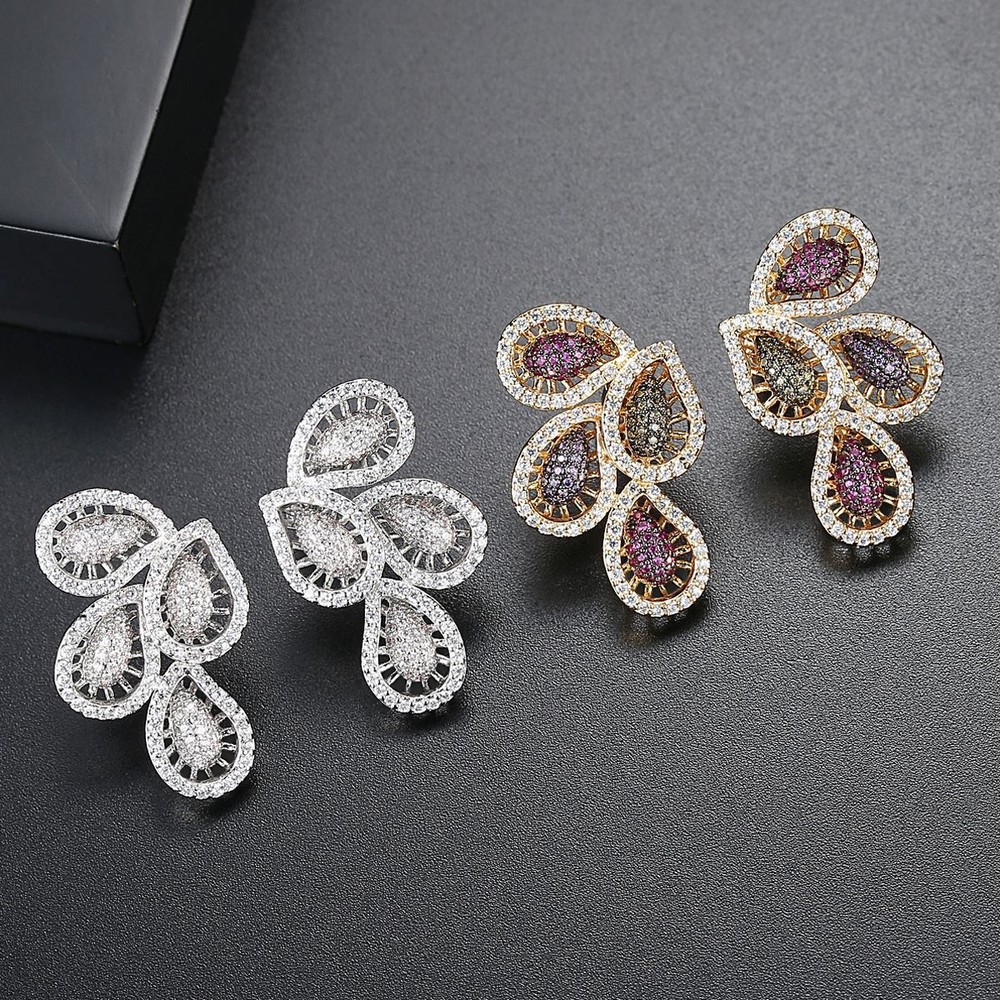 Flower Earrings Copper Spinel Zircon Fashion Color Feather Gold Plated Jewelry