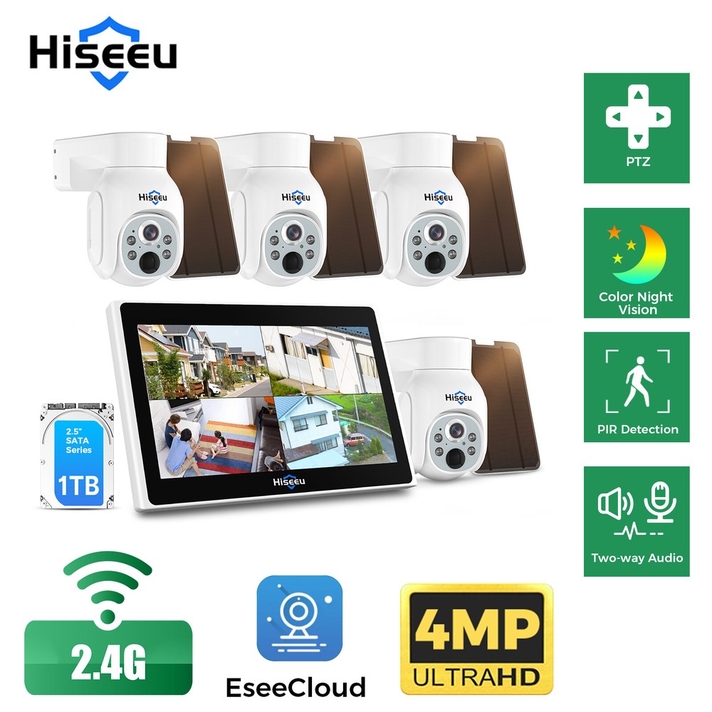 Hiseeu 4MP HD Solar Security Camera 10CH NVR Wireless WIFI System PIR Detection