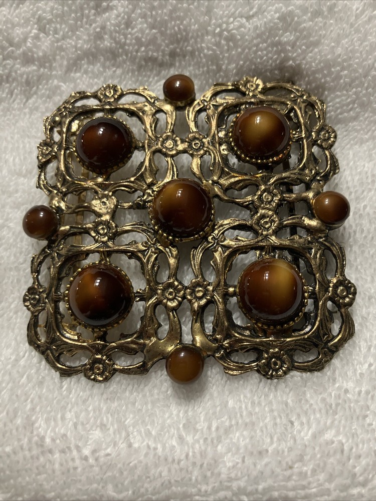 Large Vintage Ladies Belt Buckle Brass & Stones