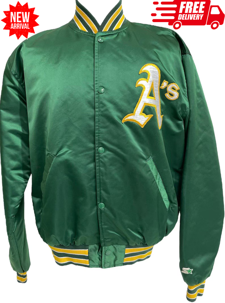 MLB Vintage Oakland Athletics Green Satin Starter Baseball Bomber Varsity Jacket