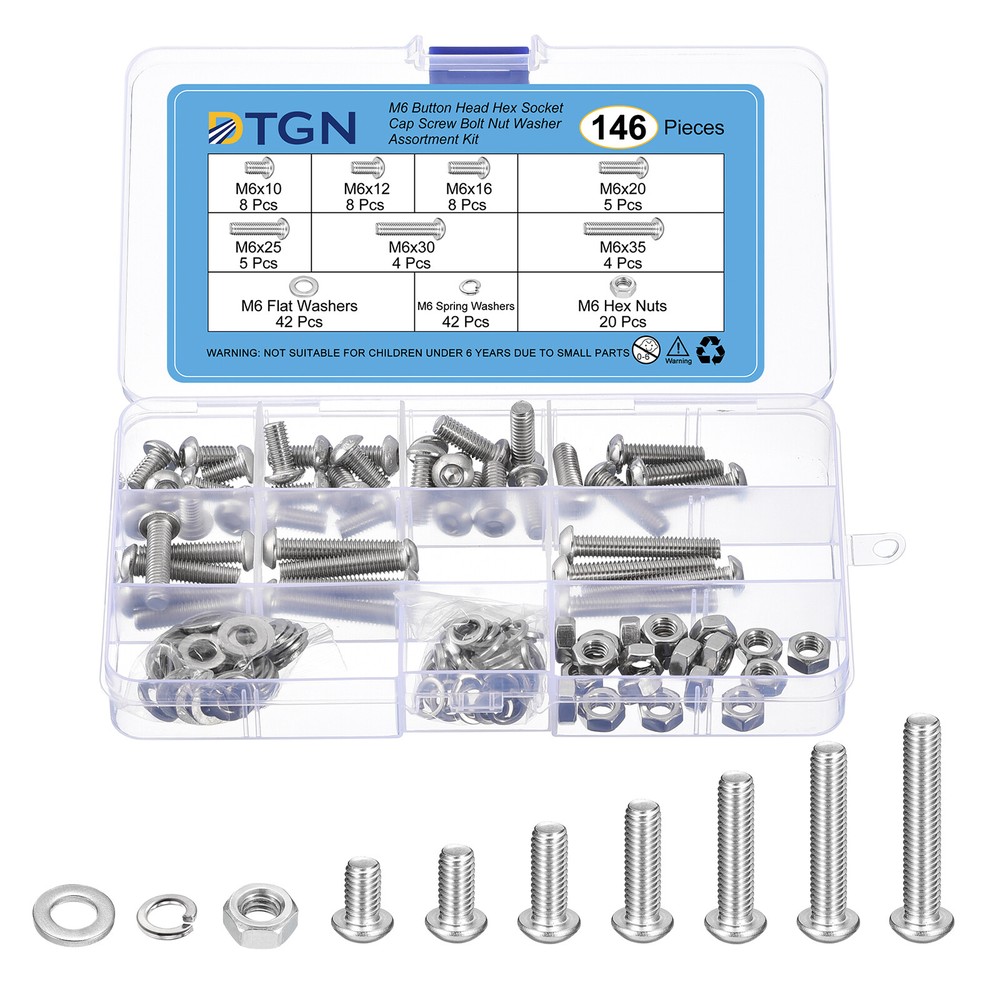 146Pcs M6-1x10~35 Button Head Hex Socket Cap Screw Bolt Nut Washer Assortment