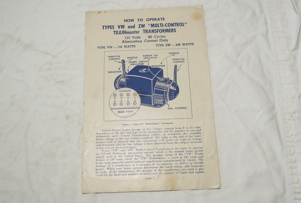 Lionel VW and ZW Multi control transformer instructions form ZW-134 of 7-48