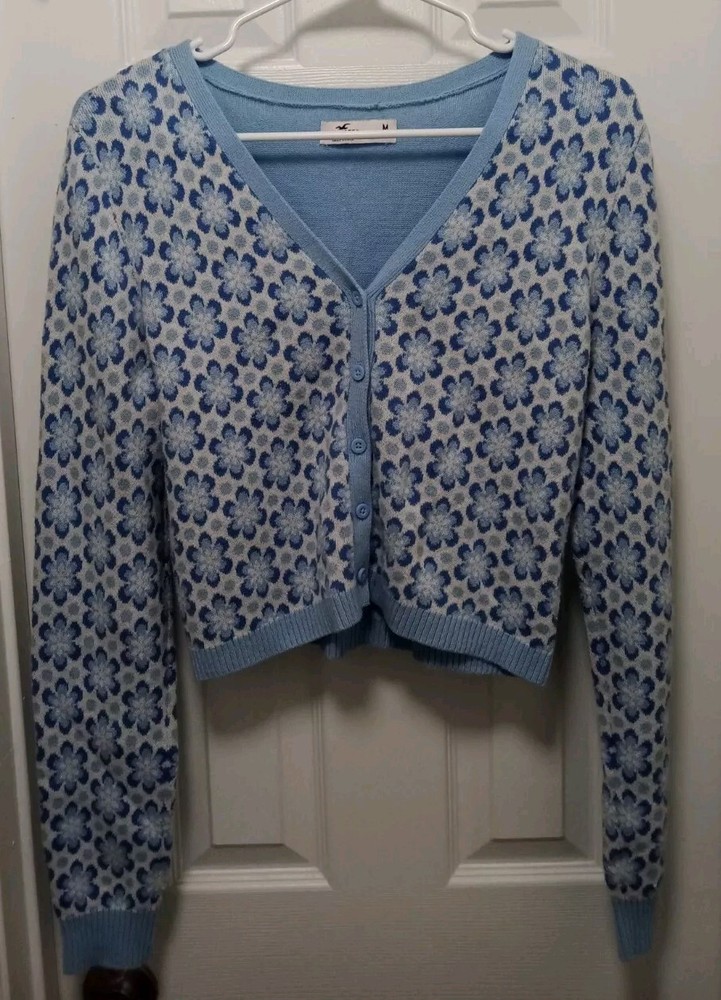 Hollister Women’s Blue Floral Button-Up Cardigan Sweater, Size Medium