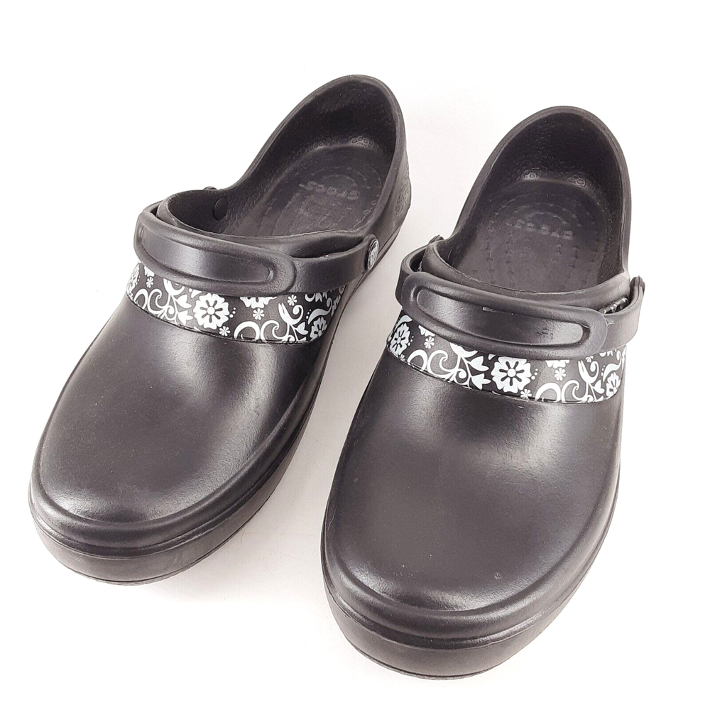 Crocs Black Clog Style Shoe Size Womans 10 Slip Resistant Silver Floral Band