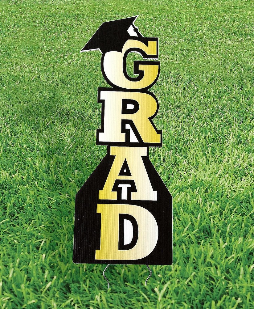 30H Gold Vertical GRAD Yard Stake with Cap for Graduation Party Decor #649