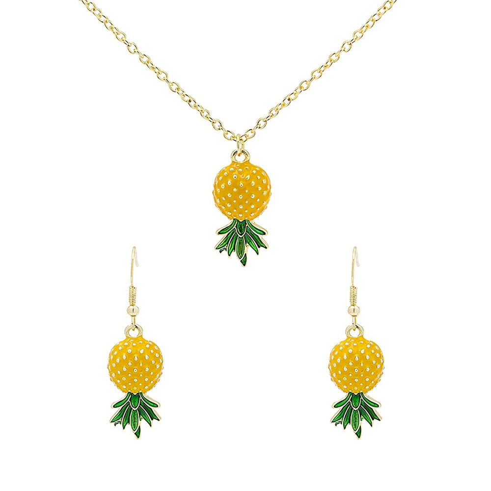 Tropical 2pcs Yellow Fruit Green Leaf Pineapple Earrings and Necklace Set