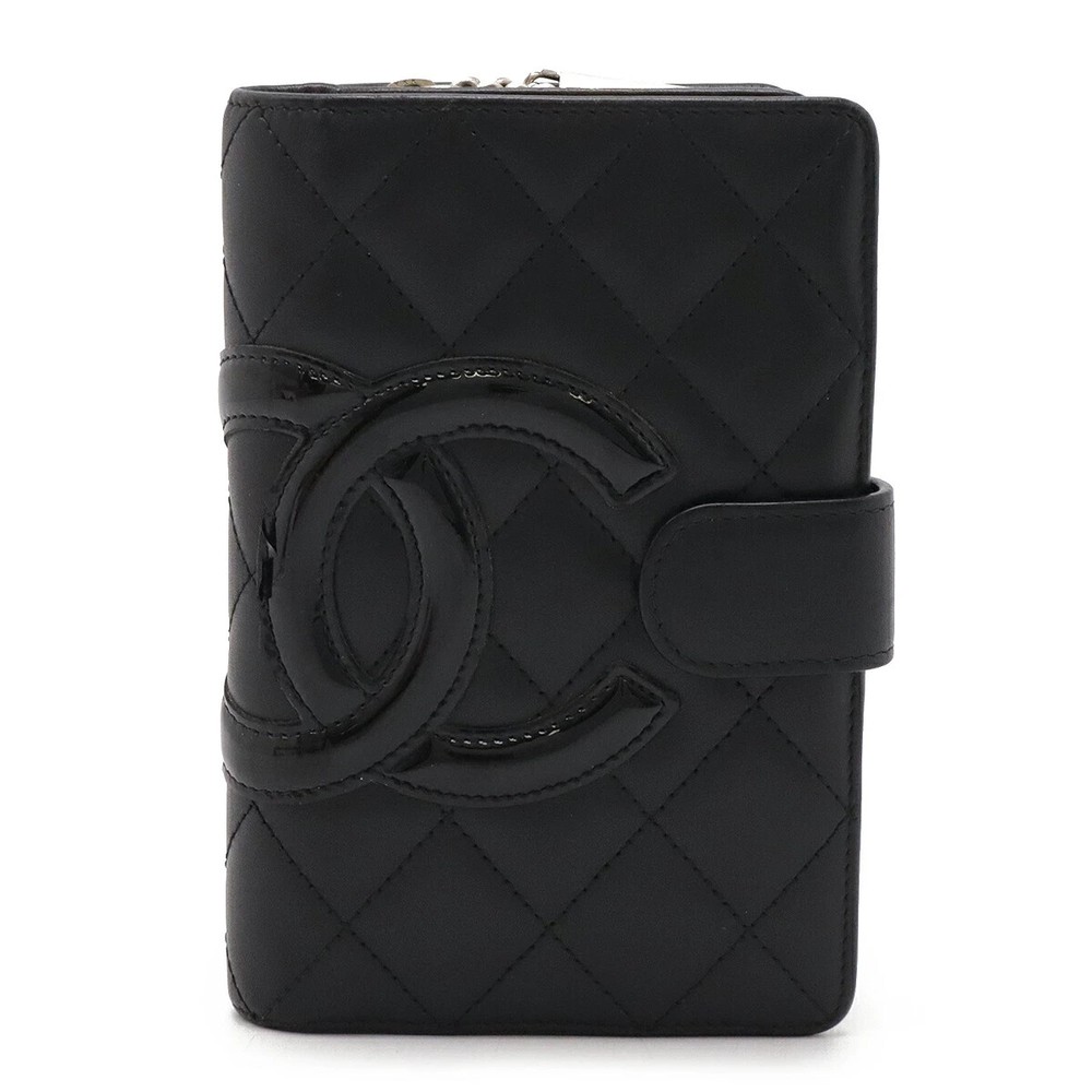 CHANEL Cambon Bifold Wallet Round Zipper Calf Leather Black Authentic