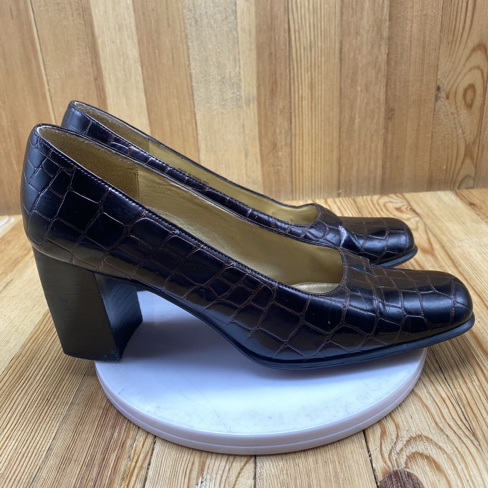 Nina Dress Heels Shoes Women's Size 7.5 Pump Croc Print Square Toe Brown