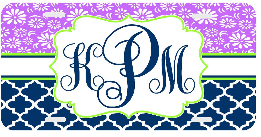 Custom Navy Blue Floral Monogram Car License Plate Tag  -image