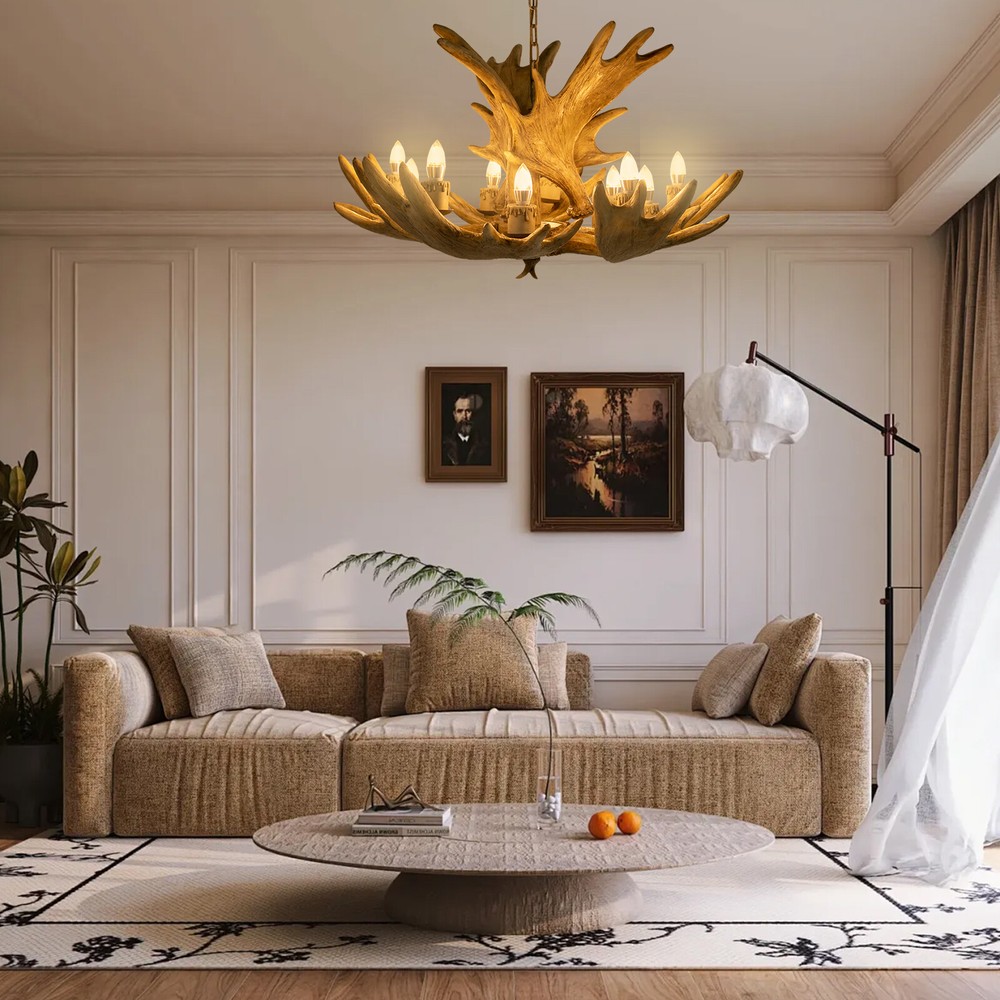 10-Light Resin Antler Chandelier Deer Horn Pendant Ceiling Fixture