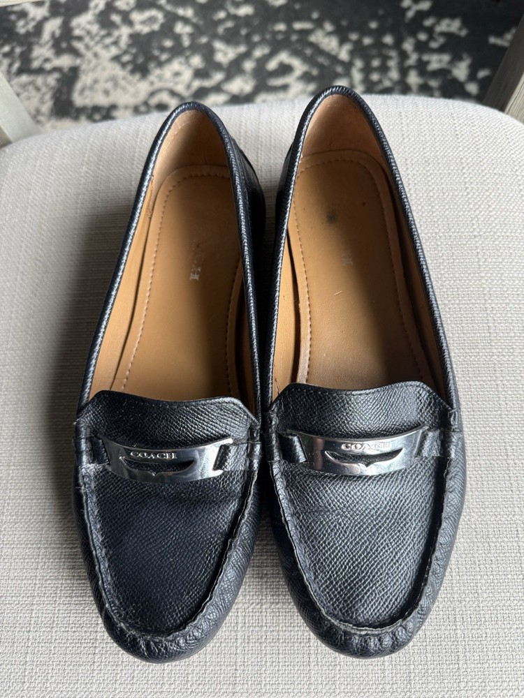 Coach Olympia Black Leather Loafers with Silver Hardware - Size 6