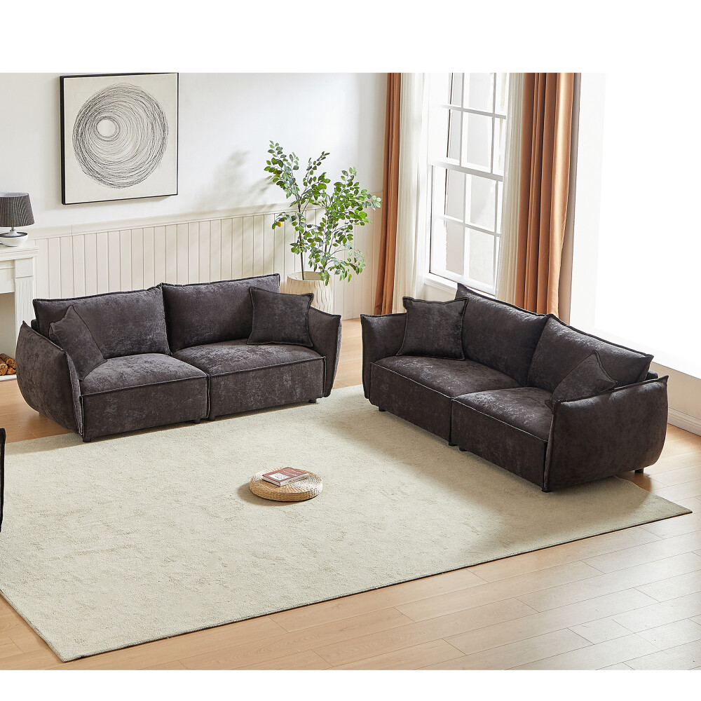 Modern 3-Seater Linen Sofa with Wooden Frame and 4 Pillows for Living Room