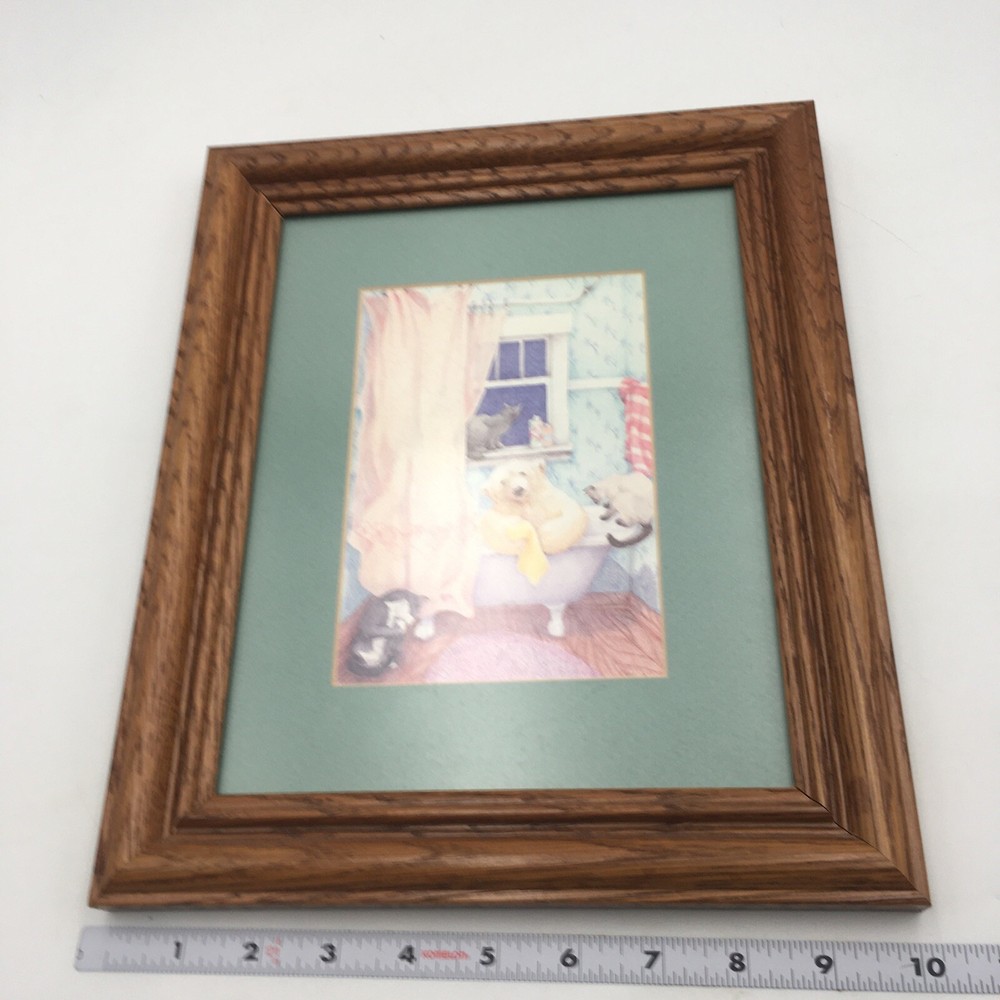 Signed Print 10 X12 Vintage B Stone Bear Bathtub Bath Cats Framed Polar