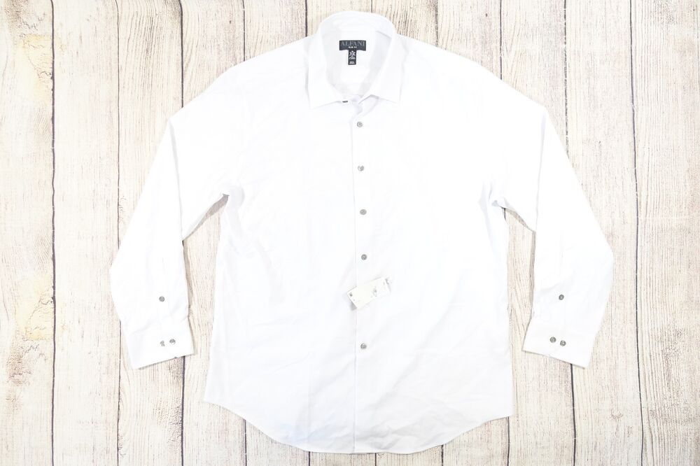ALFANI TEXTURED WHITE XL 34-35 SLIM FIT BUTTON FRONT SHIRT MENS DEFECT