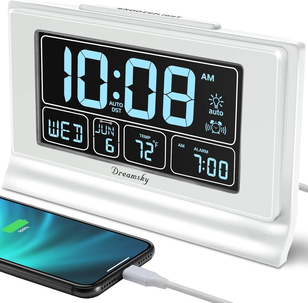5 Inch Alarm Clock with Battery Backup USB Ports Auto DST Dimmer Display