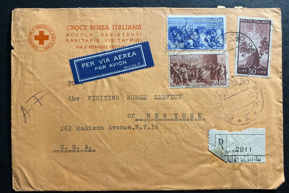 1947 Bologna Italy Airmail Red Cross  Cover To Nurse Service New York USA