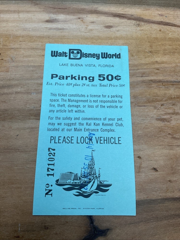 1972 Walt Disney World Parking Ticket Lake Buena Vista FL Map B33 Vintage