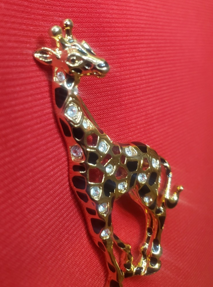 Vintage Swarovski Signed Giraffe Brooch with Black Enamel and Gold Tone Swan Crystals