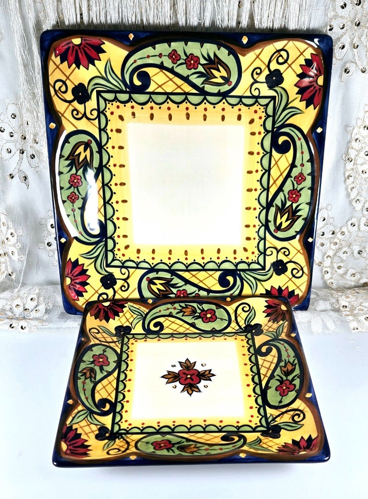 Set of 2 Corsica Crown Jewel Hand Crafted Square Plates 8.5