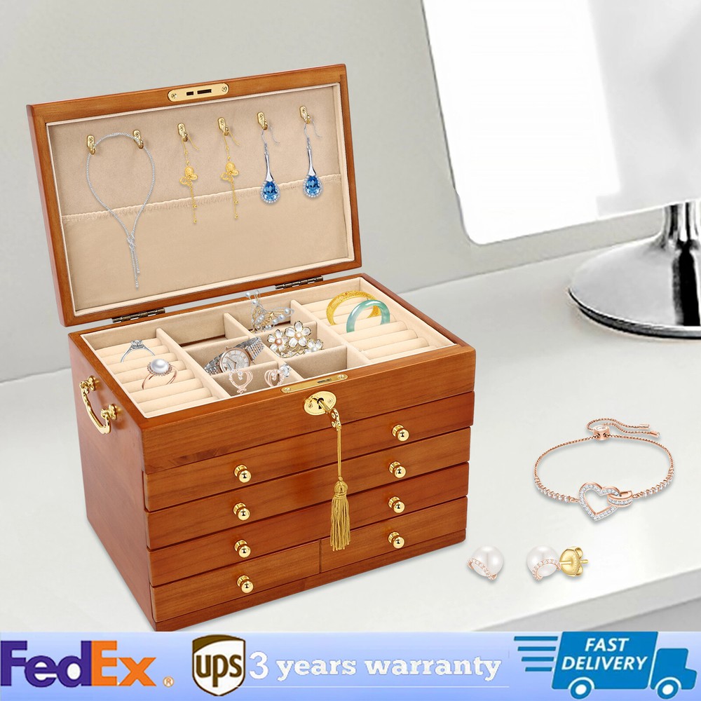 5-Layer Large Wooden Jewelry Storage Box Ring Necklace Organizer with 4 Drawers