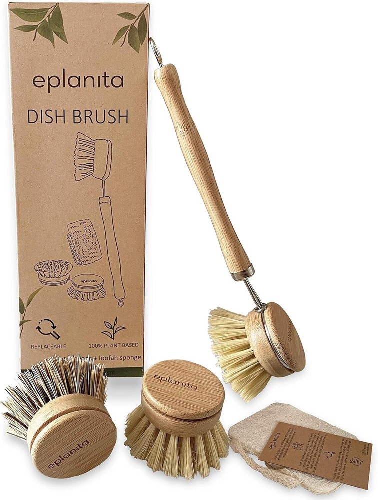Natural Dish Brush 3 Replacement Heads Kitchen Eco Bamboo Scrubber Brushes Extra