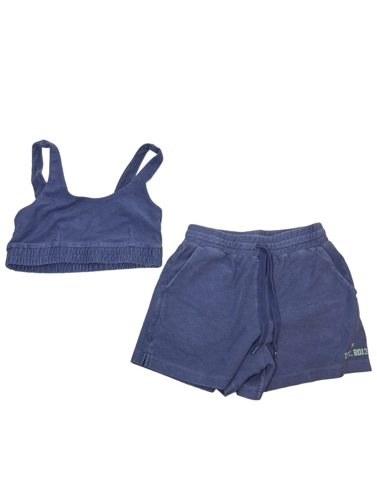 Fabletics Bundle Set Sports Bra & Sweat Shorts VTG Navy Blue Beach Cozy Active