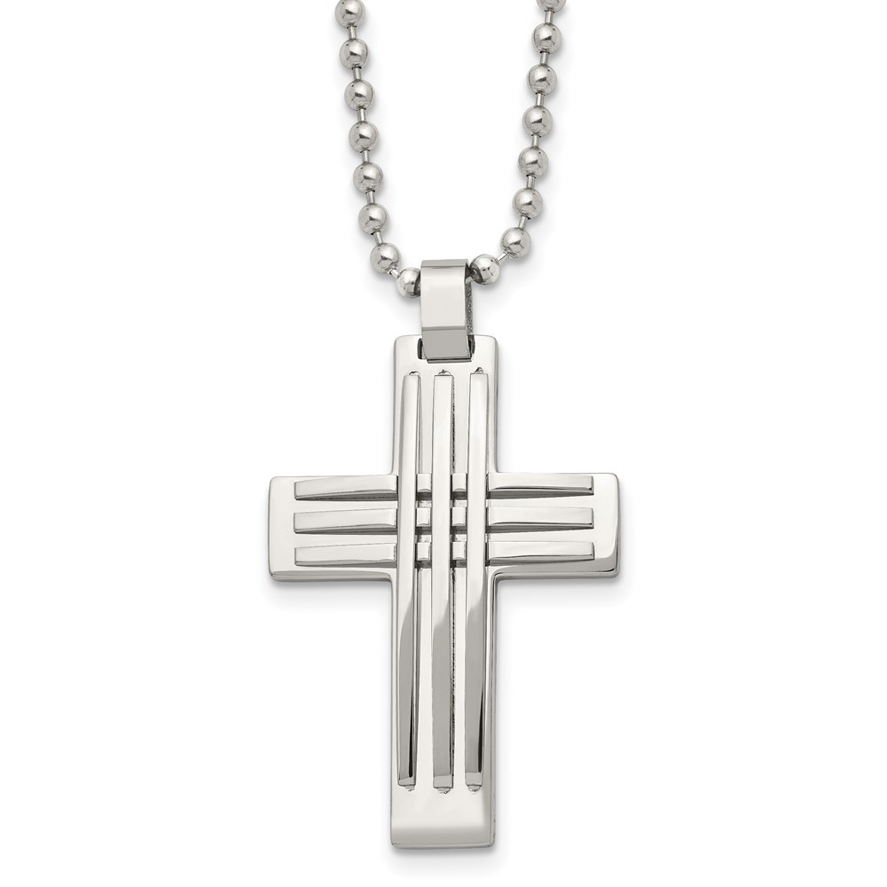 Stainless Steel Polished Cross Pendant Necklace with Ball Chain 22 Inch 14.17g