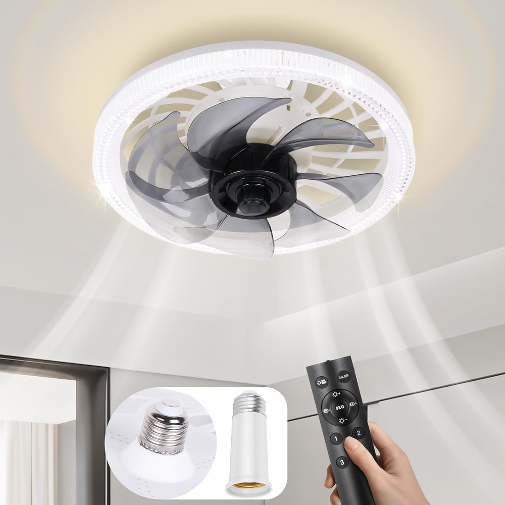 Dimmable Flush Mount Ceiling Fan with Light Socket Adapter