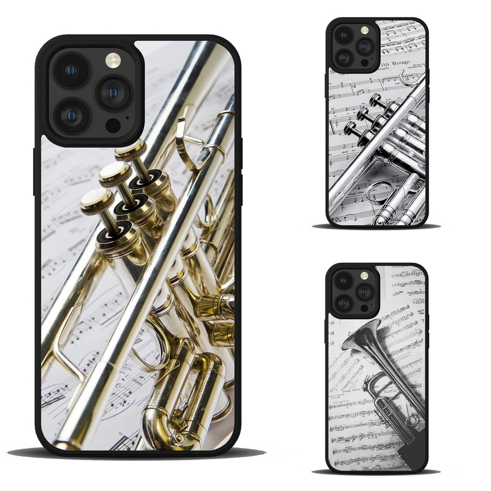 Hard Black Case Silver trumpet Sheet Music For Apple iPhone SE 11 12 13 14 15 16