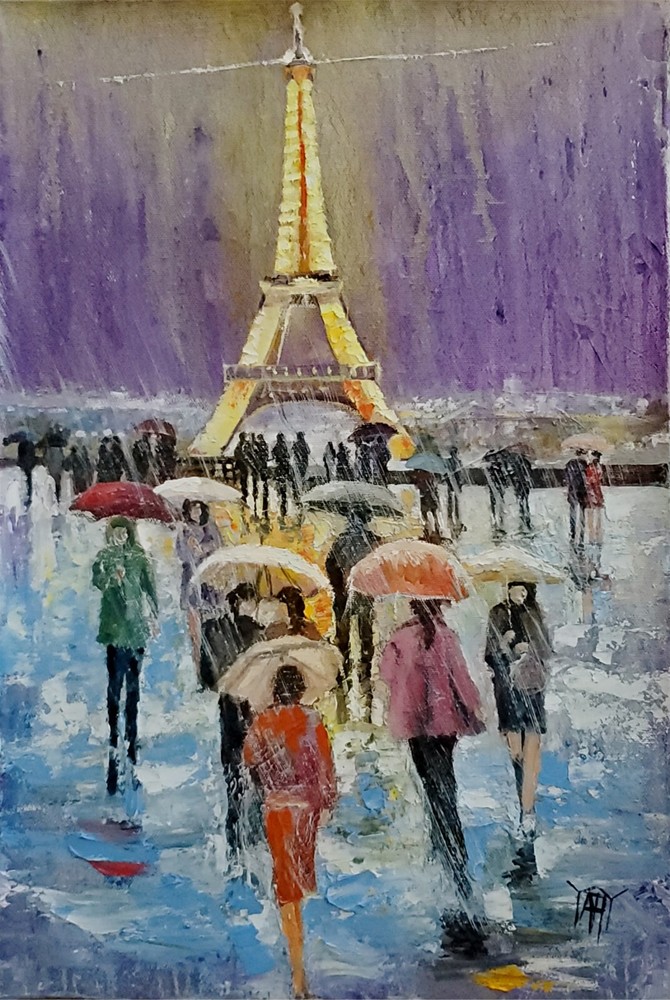 YARY DLUHOS Paris France Eiffel Tower Rain People Umbrella Original Oil Painting