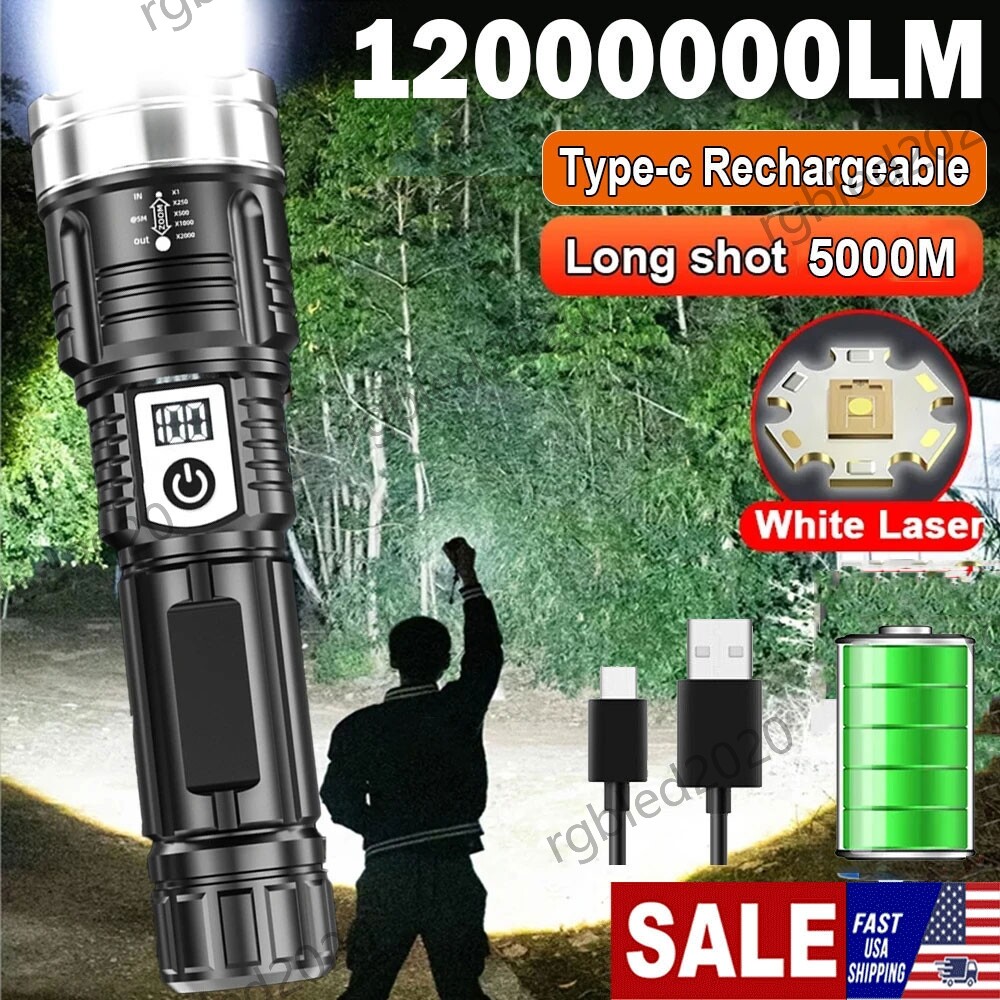 12000000 Lumens Super Bright LED Tactical Flashlight USB Rechargeable Work Light
