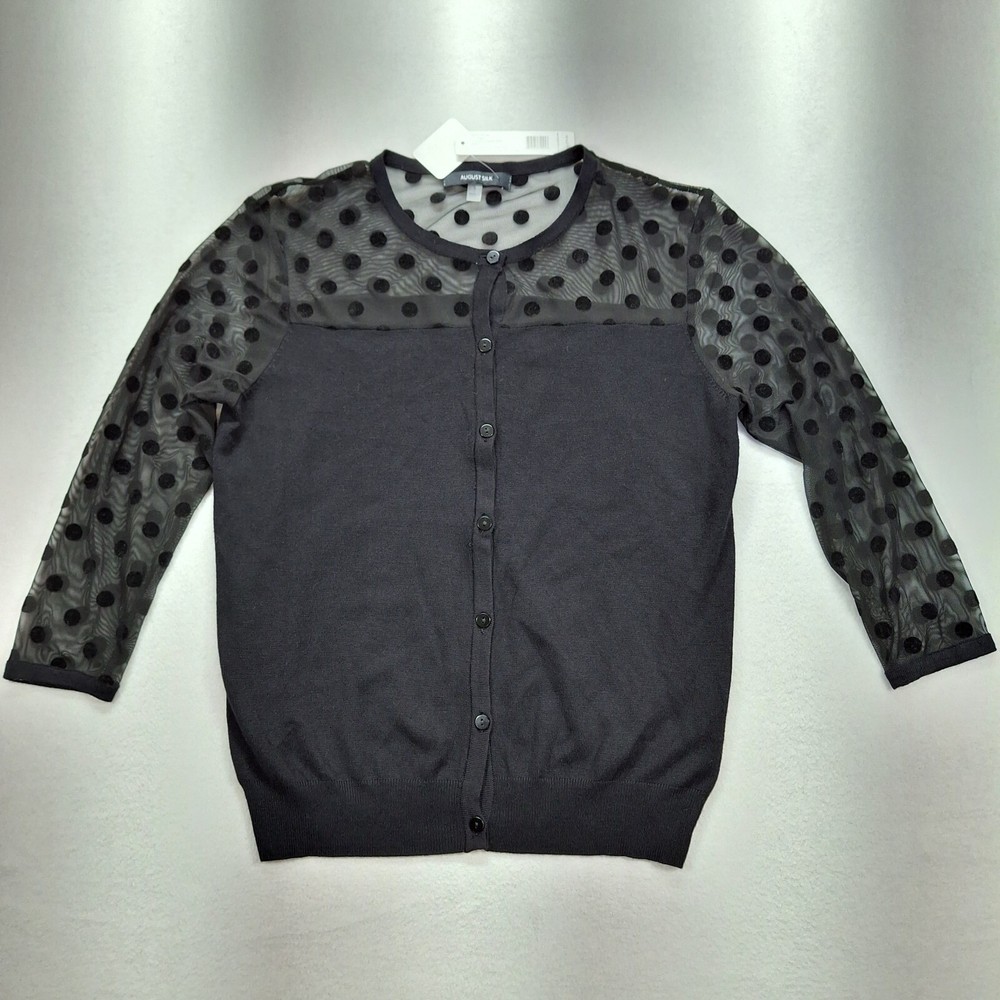 Silk Cardigan Sweater for Women Small Black Sheer Polka Dot Button Front