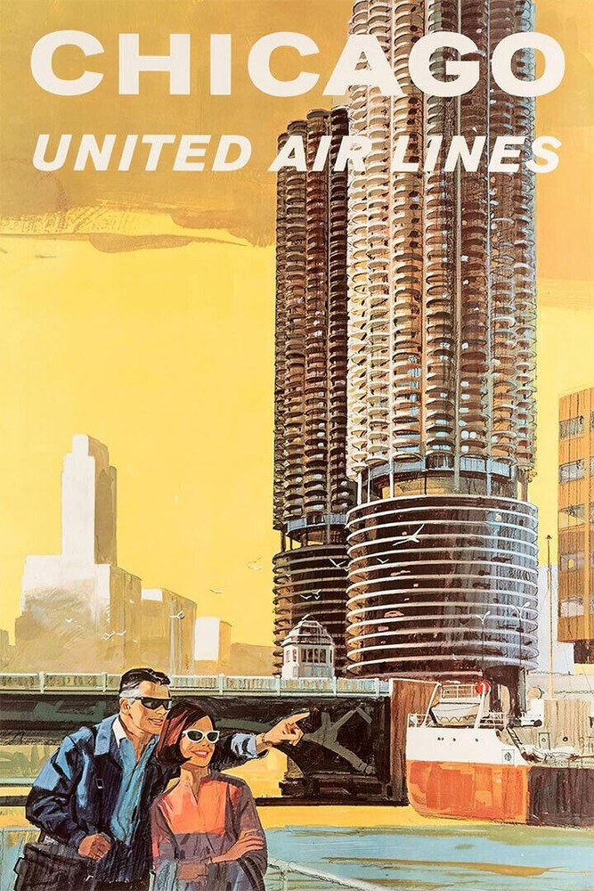 United Airlines Chicago Vintage Travel Wall Art   | POSTER 24 X 36 Inches