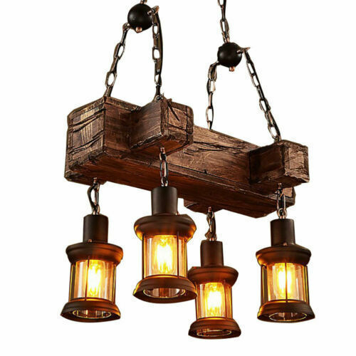 Rustic 4 Heads Chandelier Wood Industrial Ceiling Lamp Pendant Light Fixture USA