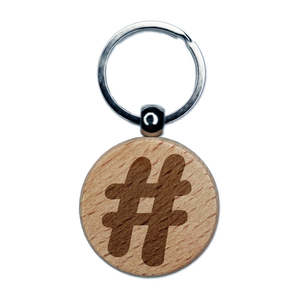 Hashtag Number Sign Engraved Wood Round Keychain Tag Charm