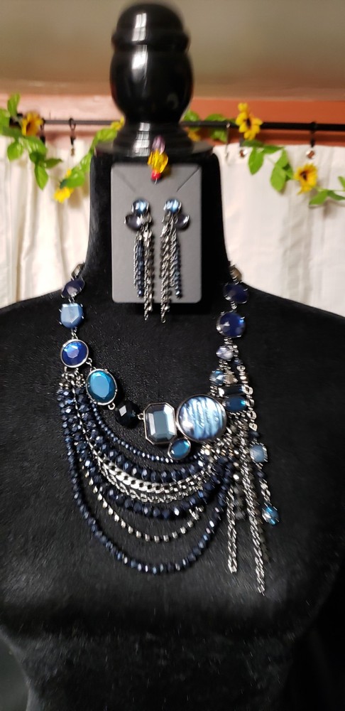 Chico's Midnight Blue Sparkle Bib Necklace & Matching 3 Inch Earring Set