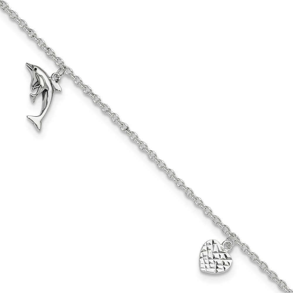 Sterling Silver Heart Star Dolphin Ankle Bracelet 10 Inch with 1in Extender 3.53g