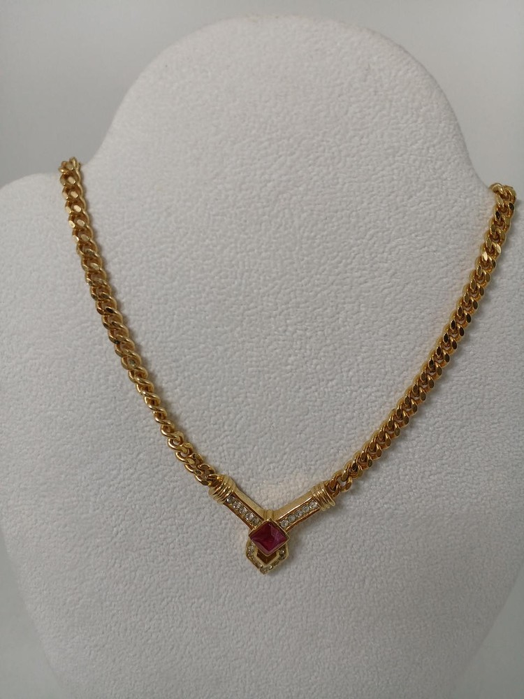 Vintage Christian Dior Y0619 Rhinestone Logo Necklace