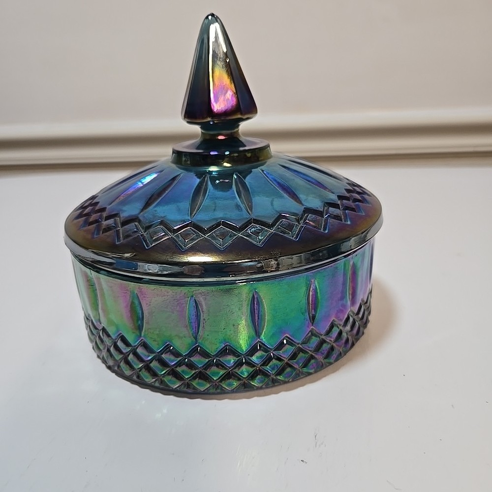Vintage Indiana Glass Princess Blue Carnival Iridescent Candy Dish with Lid  