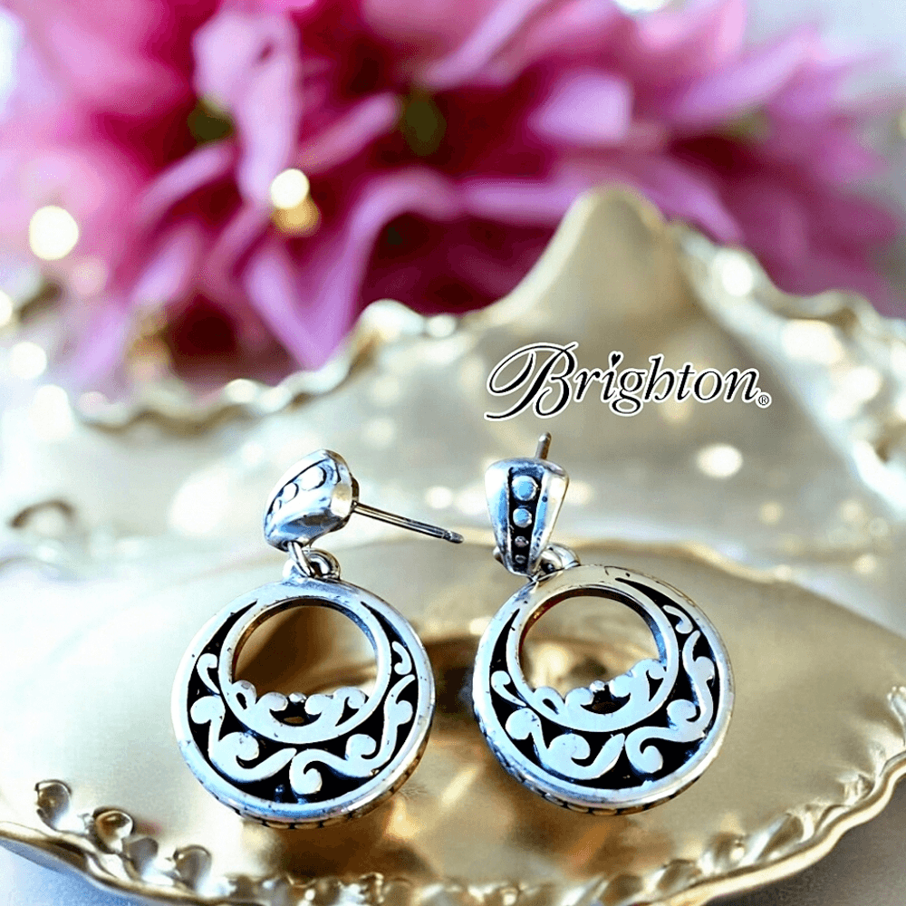 BRIGHTON Silver and Black Scroll Pushback Vintage Earrings