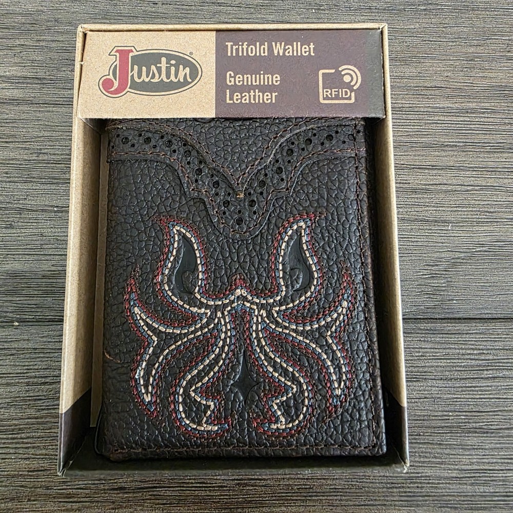 Justin Boots Genuine Leather Mens Trifold Wallet w/ RFID Stitched Logo Western