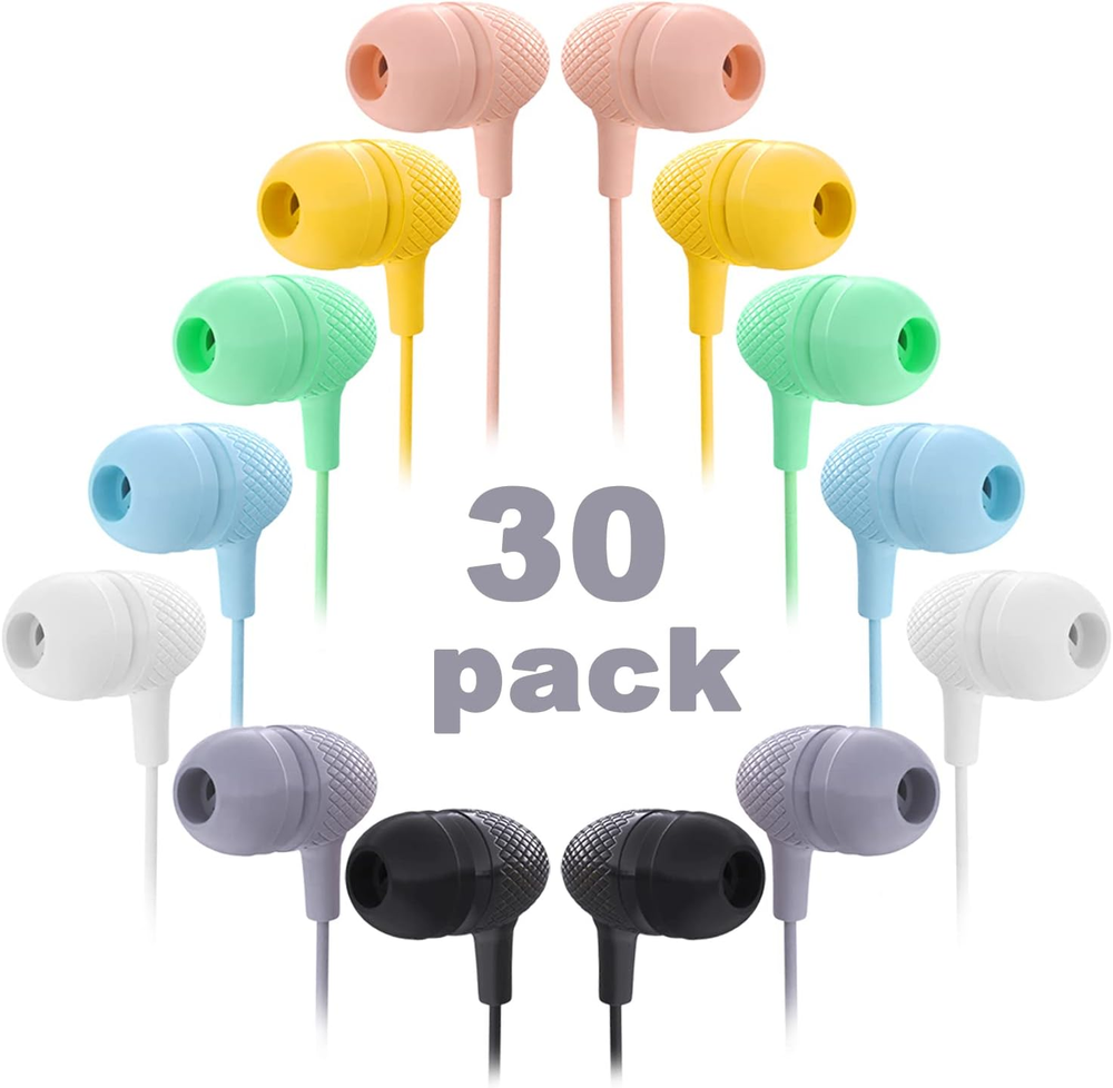 Kids Earbuds Bulk 30 Pack Macaron Colors Mixed, Wholesale Durable Earphones In-E