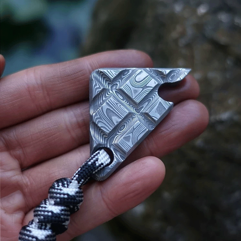 Damascus Steel Chocolate Bottle Opener Necklace Pendant Keychain Multi-Purpose EDC Tool  