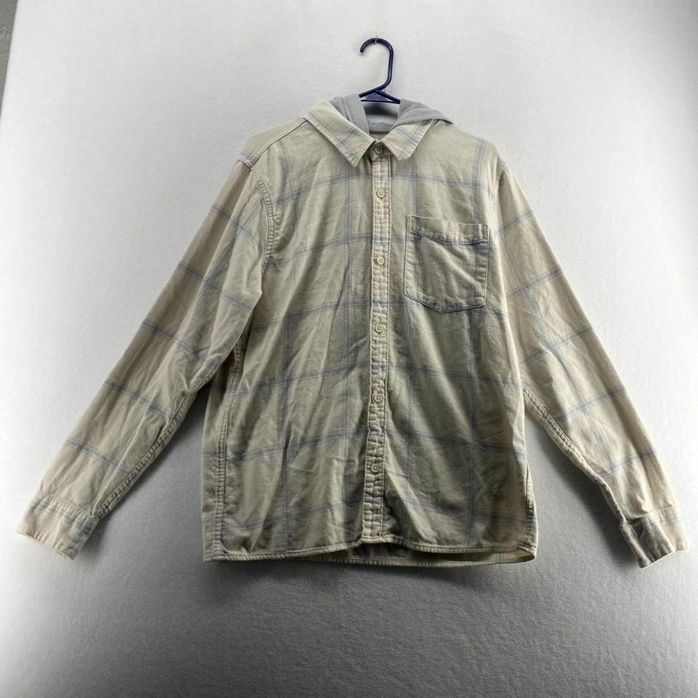 Hollister Light Cream & Gray Hooded Long Sleeved Flannel Mens Size L