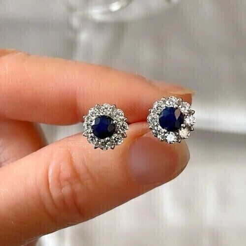 2Ct Round Blue Sapphire Simulated Stud Earrings in 14K White Gold Plated